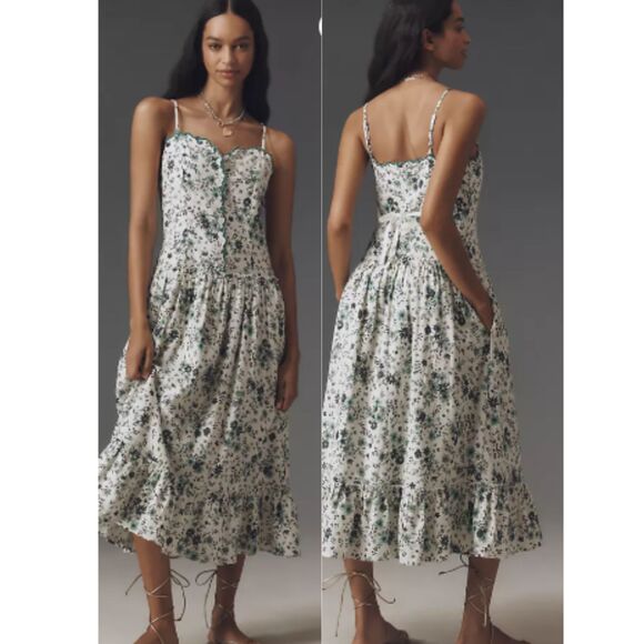 Anthropologie Dresses & Skirts - NEW Anthropologie DropvWaist Linen Blend Dress White Green Floral Size L
